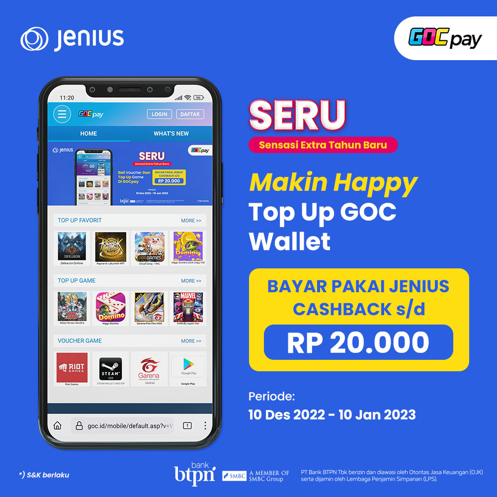 GOCpay's tweet photo. Siang Para Gamers!😎

Segera Top Up yuk GOC Wallet kalian!🔥
Dan kali ini, ada CASHBACK dari Jenius sebesar Rp 20.000! Wow, menarik bukan?🤩

Top Up GOC Wallet klik▶️ https://t.co/dntOD0hj5H

#GOCpay #vouchergamemurah #topupdiamondmurah #mlbbid #jeniusbtpn #beritagame #FreeFireID https://t.co/bHxdQotlYN