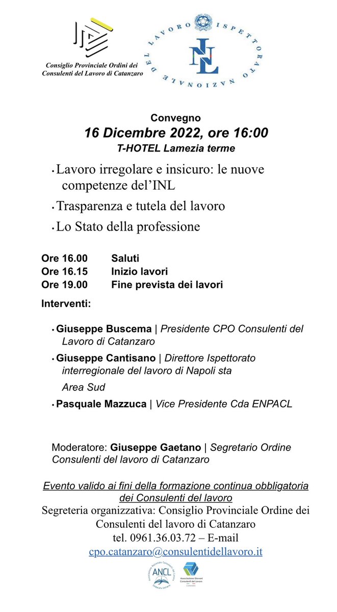 Oggi incontro formativo dell’Ordine dei Consulenti del lavoro di Catanzaro