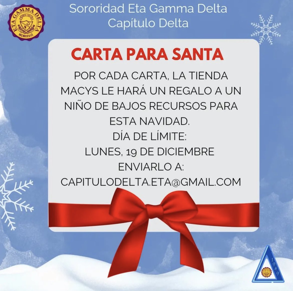 etagammadelta1's tweet photo. El Capítulo Delta de la Gran Sororidad Eta Gamma Delta les invita sus actividades del mes de diciembre: 

Historia del Coquito: sábado, 17 de diciembre 🎄🪅

Carta para Santa: Fecha límite para enviar la carta 19 de diciembre 🎅🏻📩

¡Los esperamos y contamos con su apoyo! 💜💛 https://t.co/YvUHQSJ32x