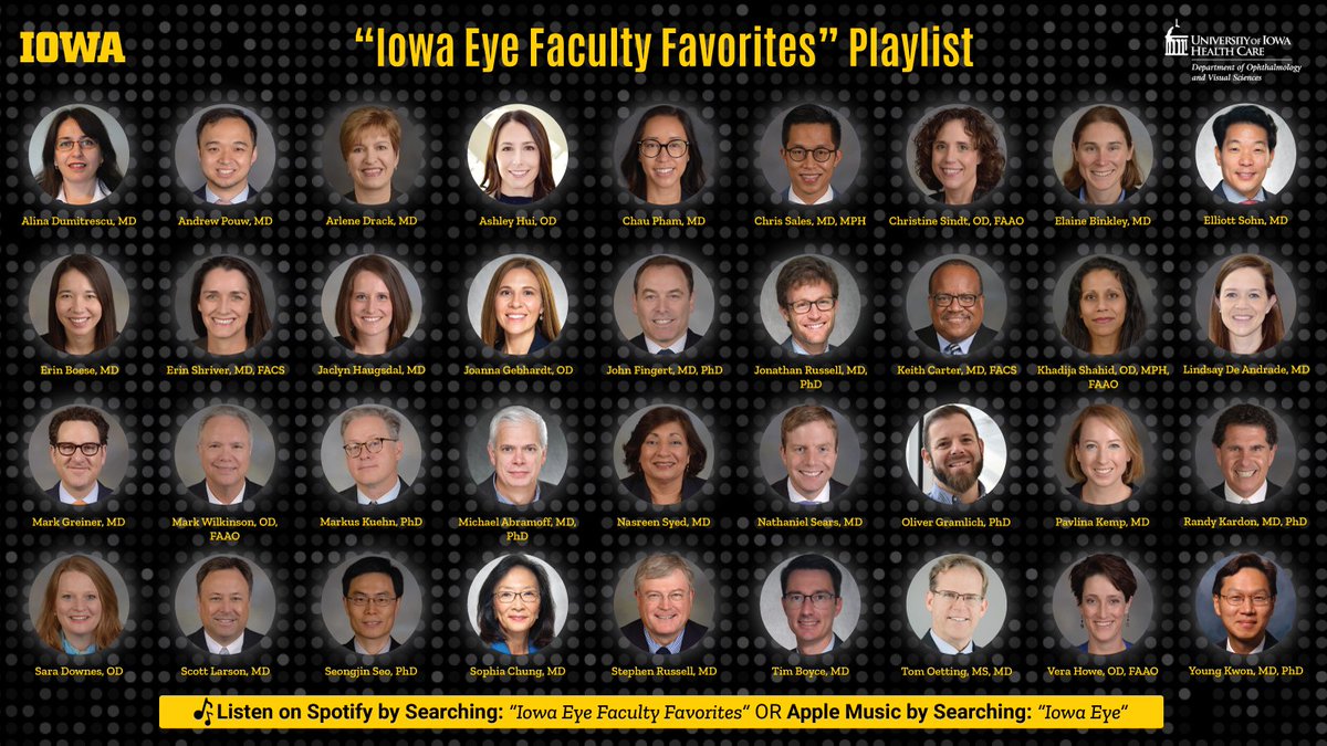 uiowaeye's tweet photo. Did you know our #IowaEye faculty have their own playlist? 👀 Think you can guess their taste in music? 🎶

Listen here: https://t.co/IHqmoXuC9H and follow along with this thread to see if you can match the song with the correct faculty member! https://t.co/bOcaxRMzAa