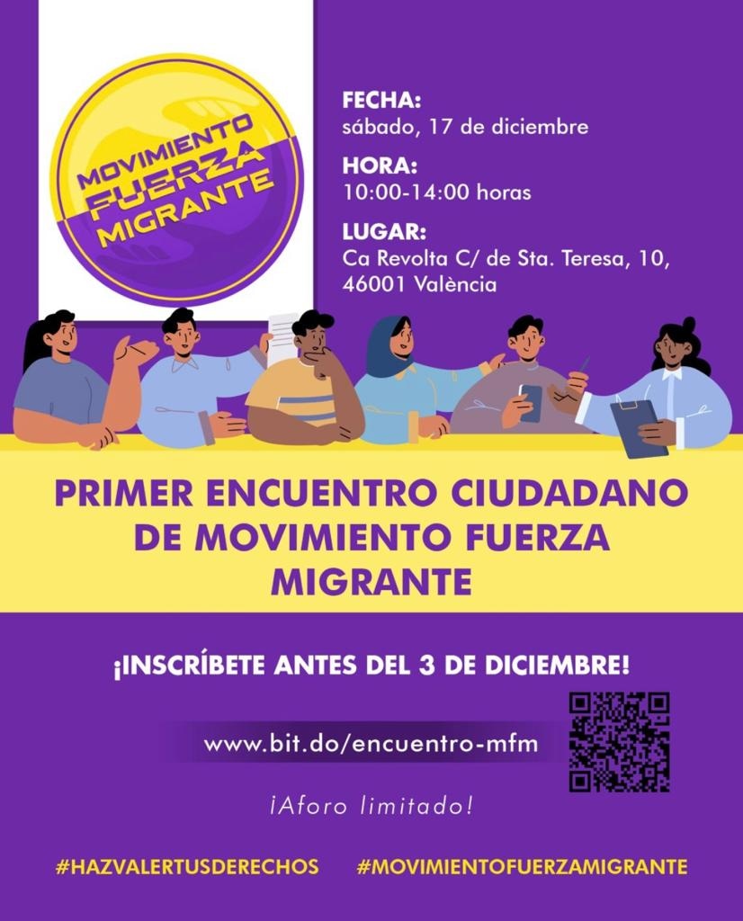 MovFuerzaMigra's tweet photo. ⚠️Desde *Movimiento Fuerza Migrante* celebramos nuestro primer encuentro público.⚠️

🟣Nos vemos mañana *sábado, 17 de diciembre de 10 a 14 horas* en el espacio de *Ca Revolta*, València.
🟣🟡Recuerda:
Sábado, 17 de diciembre
#MigrantesEnPolíticaYa
#movimientofuerzamigrante https://t.co/RwsJp5yTCM