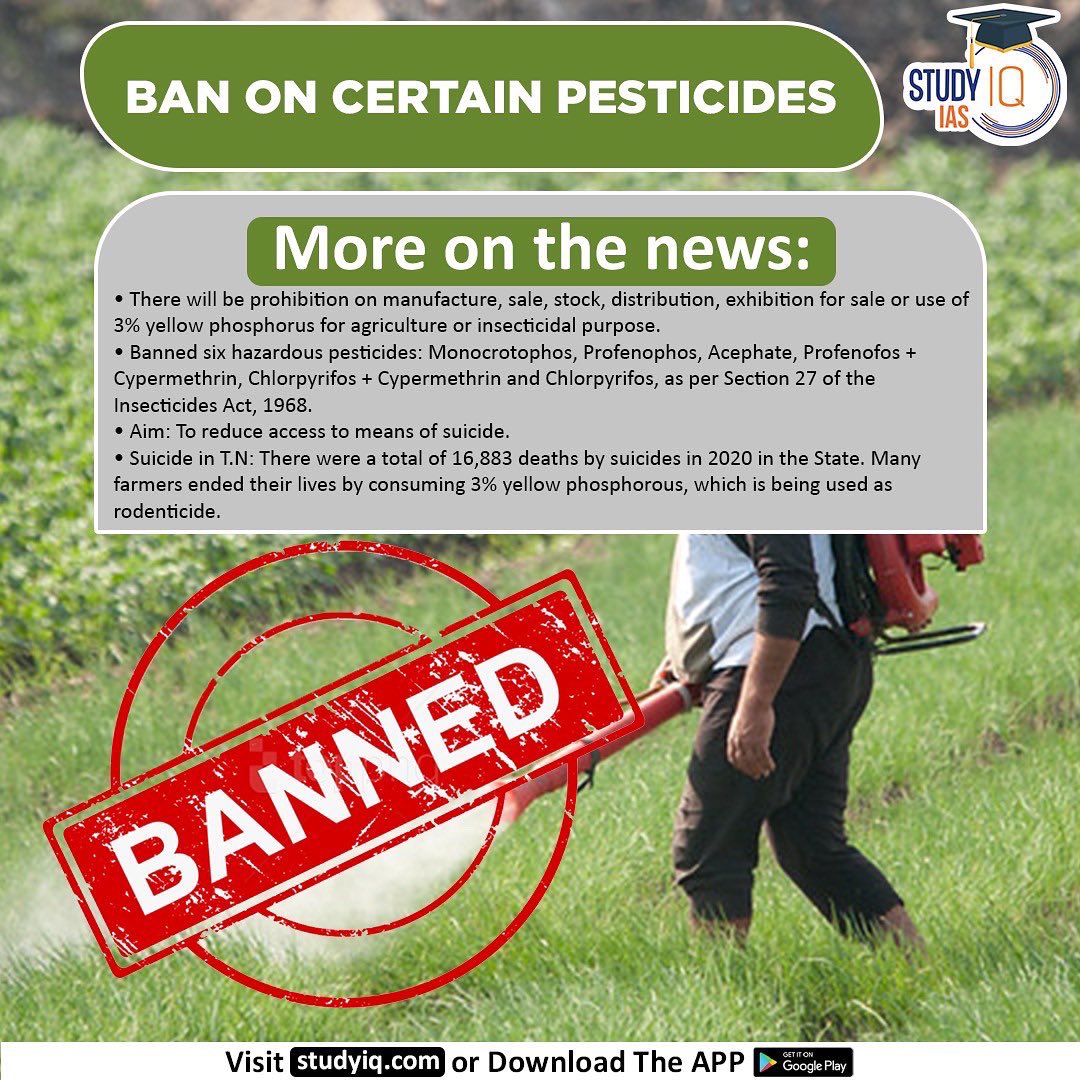 upsciq's tweet photo. Ban On Certain Pesticides
#banoncertainpesticides #whyinnews #tamilnadu #phosphoruspaste #ratpoison #toxicpesticides #insecticidesact #sale #stack #distribution #agriculture #monocrotophos #profenophos #acephete #cypermethrin #farmerssuicide #manam #tamilnadugovt https://t.co/2wCOFhssZ4