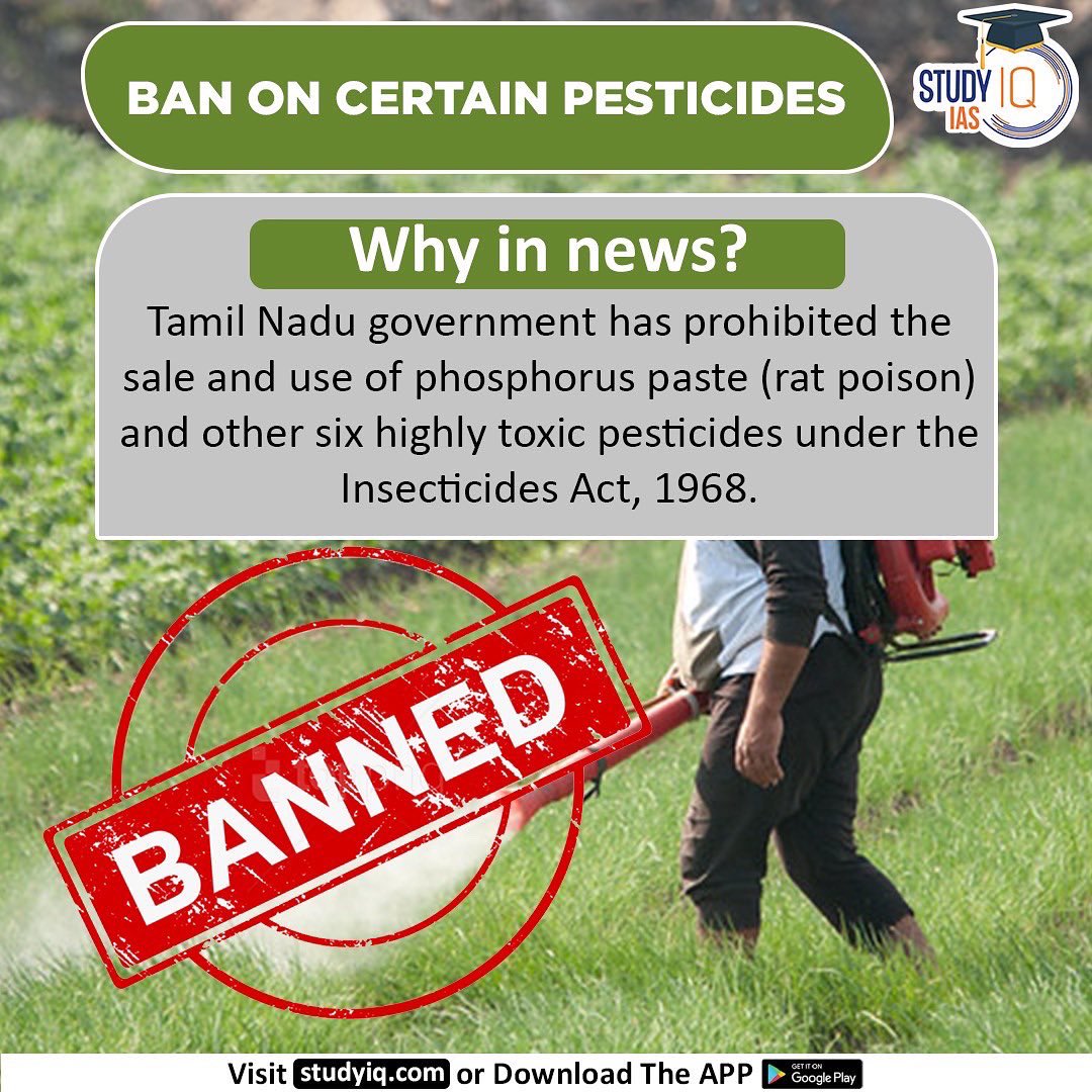 upsciq's tweet photo. Ban On Certain Pesticides
#banoncertainpesticides #whyinnews #tamilnadu #phosphoruspaste #ratpoison #toxicpesticides #insecticidesact #sale #stack #distribution #agriculture #monocrotophos #profenophos #acephete #cypermethrin #farmerssuicide #manam #tamilnadugovt https://t.co/2wCOFhssZ4