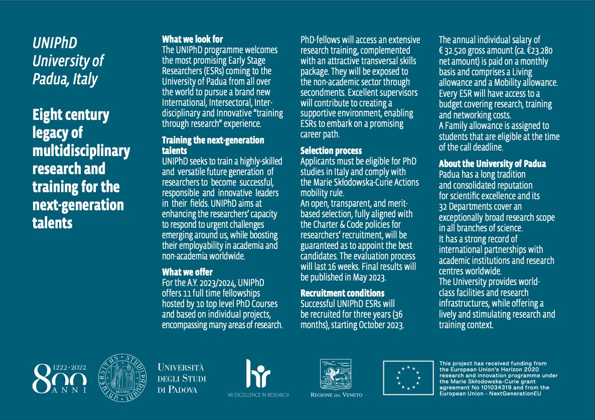 📣 Opportunity !

Opening of the #International 🎓 doctoral program announcement. <a href="/UniPadova/">Università di Padova</a> 🇮🇹

Training the next-generation talents | Academic Year 2023/24 | Call deadline 31 January 2023 

Find out more about 👇🏻UNIPhD↔️uniphd.eu