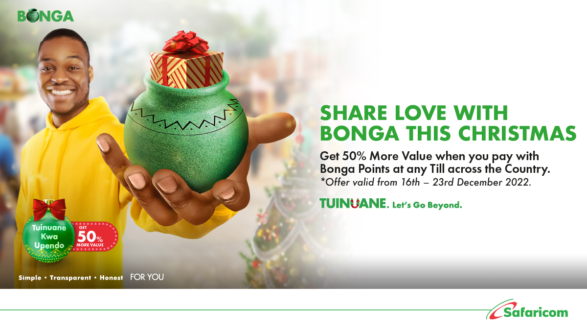 SafaricomPLC's tweet photo. This festive season, get 50% more value from your Bonga Points by redeeming them to pay for shopping, meals or bills at any till across the country.
Offer valid from 16th-23rd December
Go to MySafaricom or M-PESA App to pay with Bonga Points today! 
#TuinuaneKwaUpendo #Tuinuane https://t.co/Nx0CDClKzs