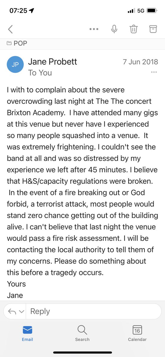 I sent this to Brixton Academy 4 and half years ago. They didn’t even reply. Absolute tragedy. Thoughts are with those fighting for their lives. #brixton02 #brixtonacademy #brixton