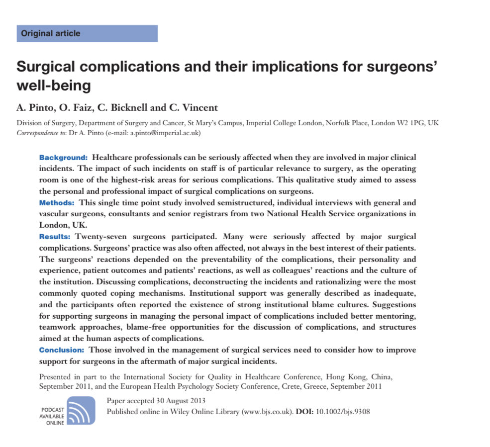 Weekend thought

‘Surgical complications &amp; their implications for surgeons’ well-being’

Something we all have to deal with 

This paper in the <a href="/BJSurgery/">BJS</a> is nearly 10 years old but relevant as little has probably changed academic.oup.com/bjs/article/10…