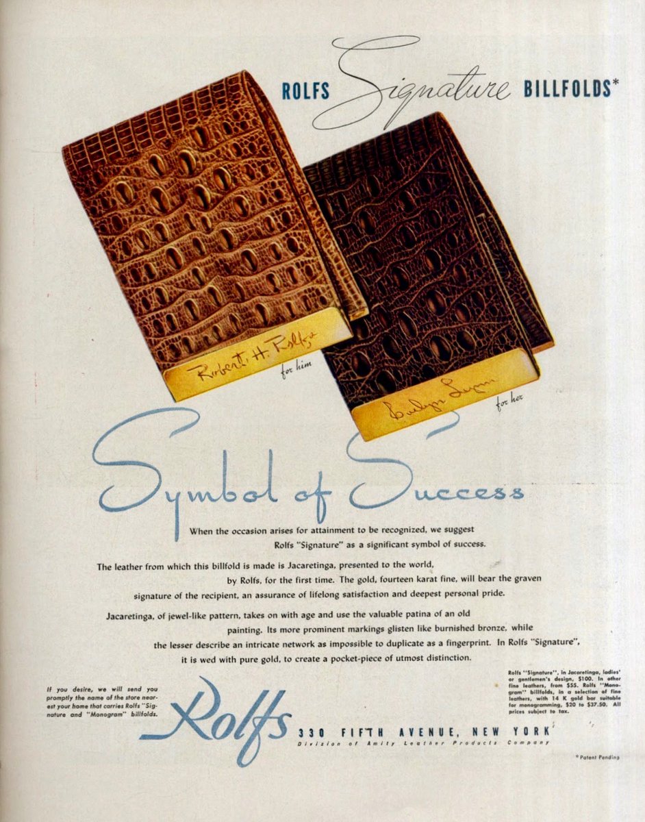 LRonLacy's tweet photo. In #December, 1946
‘Rolfs Signature Billfolds - Symbol of Success’
December 1946
#illustration #illustrationart #illustrationartists #graphicdesign #Christmasshopping
#Christmas #Natale #holidays #Christmasgiftideas #Christmaspresents
#leathergoods #leather #Rolfs https://t.co/YypJEd63zL