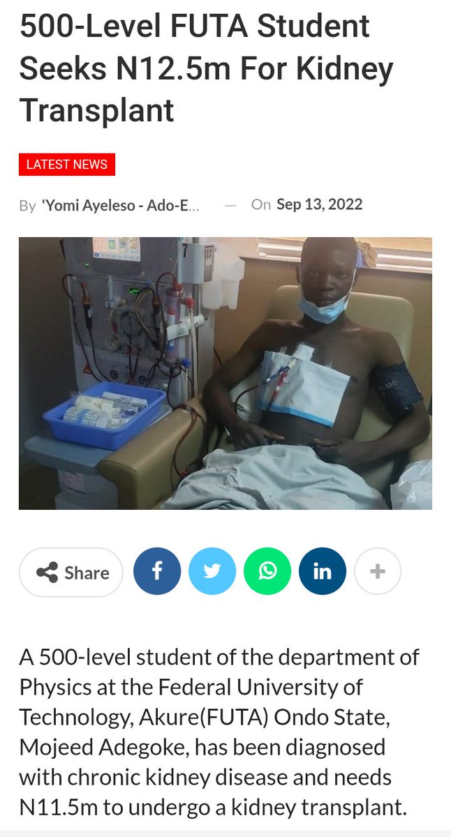 sir_dele's tweet photo. This young man is a futarian and he had been this way since last year.

He has been surviving on dialysis.

He needs our help and support.

PLEASE HELP RT 🙏🏾

and check thread.

#SAVEMOJEED https://t.co/NQXliDJQuF
