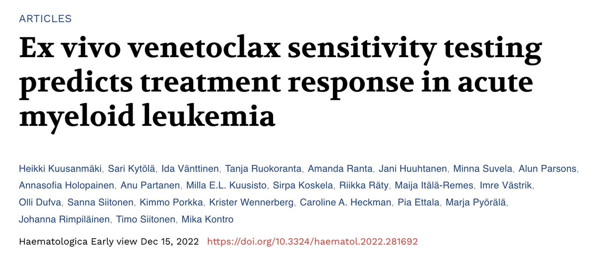 Our newest paper "Ex vivo venetoclax sensitivity testing predicts treatment response in acute myeloid leukemia" is now published and accessible <a href="/Haematologica/">Haematologica</a>  

haematologica.org/article/view/h…