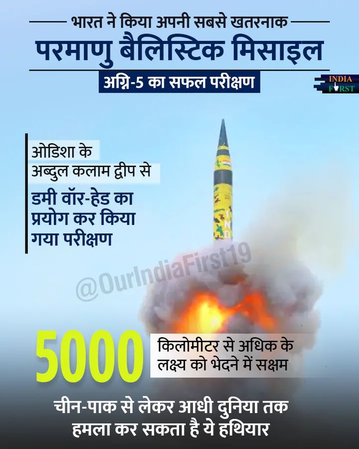 भारत ने किया अपनी सबसे खतरनाक 
परमाणु बैलिस्टिक मिसाइल अग्नि-5 का सफल परीक्षण 
#Agni5Missile