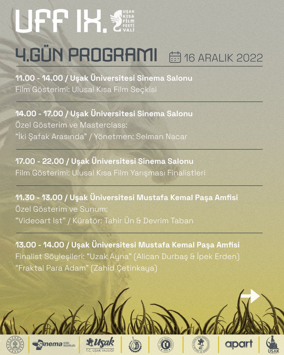 KanatliDenizati's tweet photo. 13-21 Aralık tarihlerinde gerçekleşecek Uşak Kısa Film Festivali’nin detaylı programına https://t.co/unqcUS8D1p   adresinden ulaşabilirsiniz. 💫

#UFF2022 #usakkısafilmfestivali #tckültürveturizmbakanlığı #sinemagenelmüdürlüğü https://t.co/gKDFfOekuz