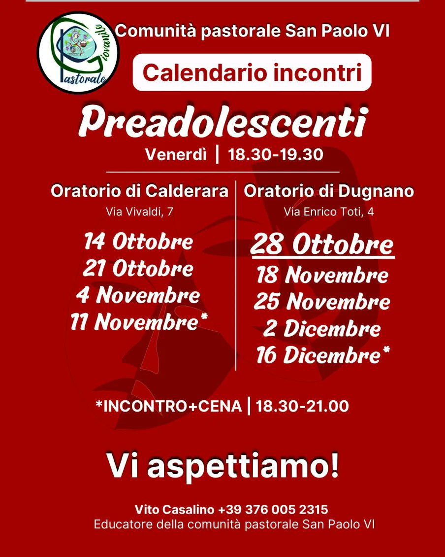 Questa sera alle 18:30 incontro Preadolescenti presso l'Oratorio di Dugnano. #oratorio #comunitàpaolovi #preadolescenti