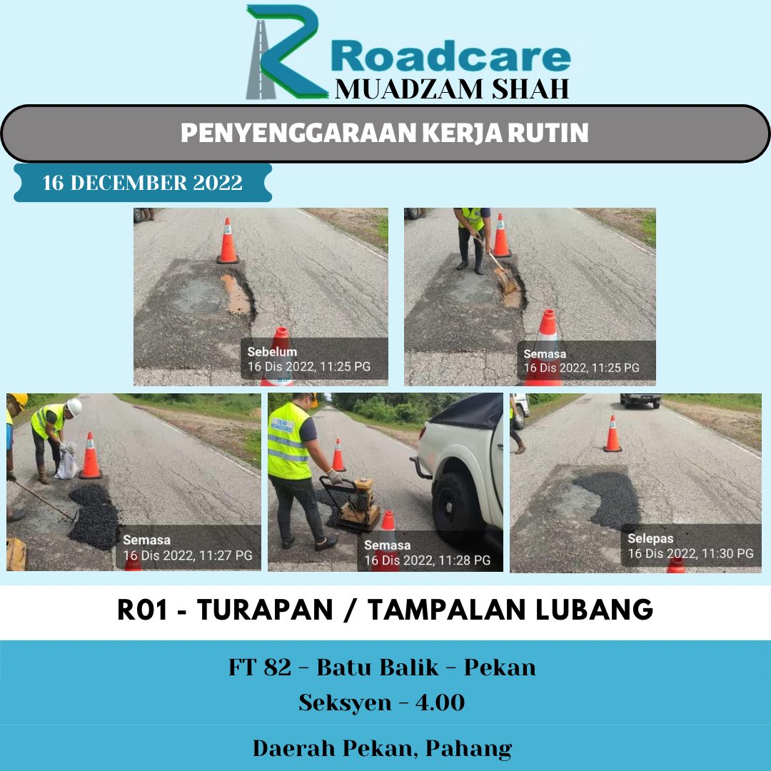Roadcare Muadzam Shah (@rc_muadzamshah) on Twitter photo 👷🏻♂️ #TeamRoadcareMuadzam 🚧
Penyenggaraan Kerja Rutin
R01 - Turapan / Tampalan Lubang
16 December 2022
FT 82 - Jalan Batu Balik - Pekan
Seksyen - 4.00
Daerah Pekan, Pahang
<a href="/JKRMalaysia/">JKR Malaysia</a>
<a href="/JKRPAHANG/">JKR PAHANG</a>
<a href="/JKRPekan/">JKR PEKAN</a>
<a href="/Roadcare_HQ/">ROADCARE (M) SDN BHD</a>
<a href="/Roadcare_Phg/">ROADCARE PAHANG</a> 👷🏻♂️ #TeamRoadcareMuadzam 🚧
Penyenggaraan Kerja Rutin
R01 - Turapan / Tampalan Lubang
16 December 2022
FT 82 - Jalan Batu Balik - Pekan
Seksyen - 4.00
Daerah Pekan, Pahang
<a href="/JKRMalaysia/">JKR Malaysia</a>
<a href="/JKRPAHANG/">JKR PAHANG</a>
<a href="/JKRPekan/">JKR PEKAN</a>
<a href="/Roadcare_HQ/">ROADCARE (M) SDN BHD</a>
<a href="/Roadcare_Phg/">ROADCARE PAHANG</a>