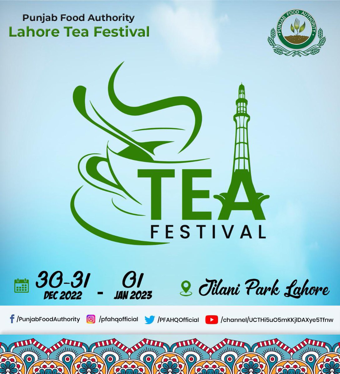 TheUbaidHashmi's tweet photo. Punjab Food Authority is organising Lahore Tea Festival from 30th Dec 2022 to 1st Jan 2023 for Tea lovers at Jillani Park Lahore.
Come and join us to experience Tea flavours..
Tea is part of our life and culture.
#PFATeaFest #Lahore
#چائے_کی_چاہ https://t.co/iTtkYgZH0q