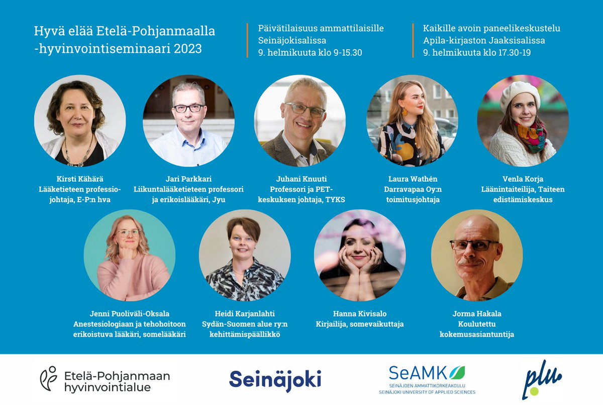 Tervetuloa Hyvä elää Etelä-Pohjanmaalla -hyvinvointiseminaariin 9.2.2023! 🎉 Huikean hieno seminaariohjelma, lisätiedot ja ilmoittautumislinkki löytyvät kommenteista. 👇 <a href="/HyteSjk/">Hyvinvoinnin ja terveyden edistäminen Seinäjoki</a> <a href="/SeAMK/">SEAMK</a> @epsoteuudistus