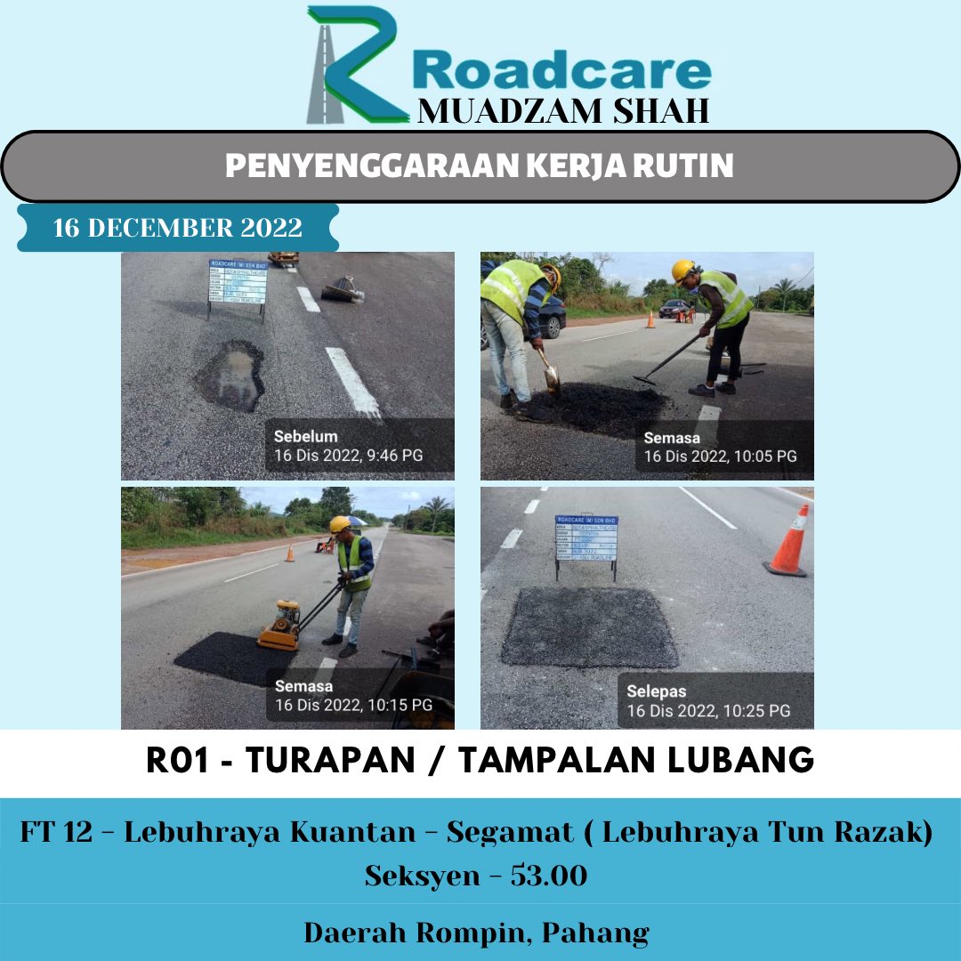 Roadcare Muadzam Shah (@rc_muadzamshah) on Twitter photo 👷🏻♂️ #TeamRoadcareMuadzam 🚧
Penyenggaraan Kerja Rutin
R01 - Turapan / Tampalan Lubang
16 December 2022
FT 12 - Lebuhraya Kuantan - Segamat
Seksyen - 53.00
Daerah Rompin, Pahang
<a href="/JKRMalaysia/">JKR Malaysia</a>
<a href="/JKRPAHANG/">JKR PAHANG</a>
<a href="/JKRrompin/">JKR Rompin</a>
<a href="/Roadcare_HQ/">ROADCARE (M) SDN BHD</a>
<a href="/Roadcare_Phg/">ROADCARE PAHANG</a> 👷🏻♂️ #TeamRoadcareMuadzam 🚧
Penyenggaraan Kerja Rutin
R01 - Turapan / Tampalan Lubang
16 December 2022
FT 12 - Lebuhraya Kuantan - Segamat
Seksyen - 53.00
Daerah Rompin, Pahang
<a href="/JKRMalaysia/">JKR Malaysia</a>
<a href="/JKRPAHANG/">JKR PAHANG</a>
<a href="/JKRrompin/">JKR Rompin</a>
<a href="/Roadcare_HQ/">ROADCARE (M) SDN BHD</a>
<a href="/Roadcare_Phg/">ROADCARE PAHANG</a>