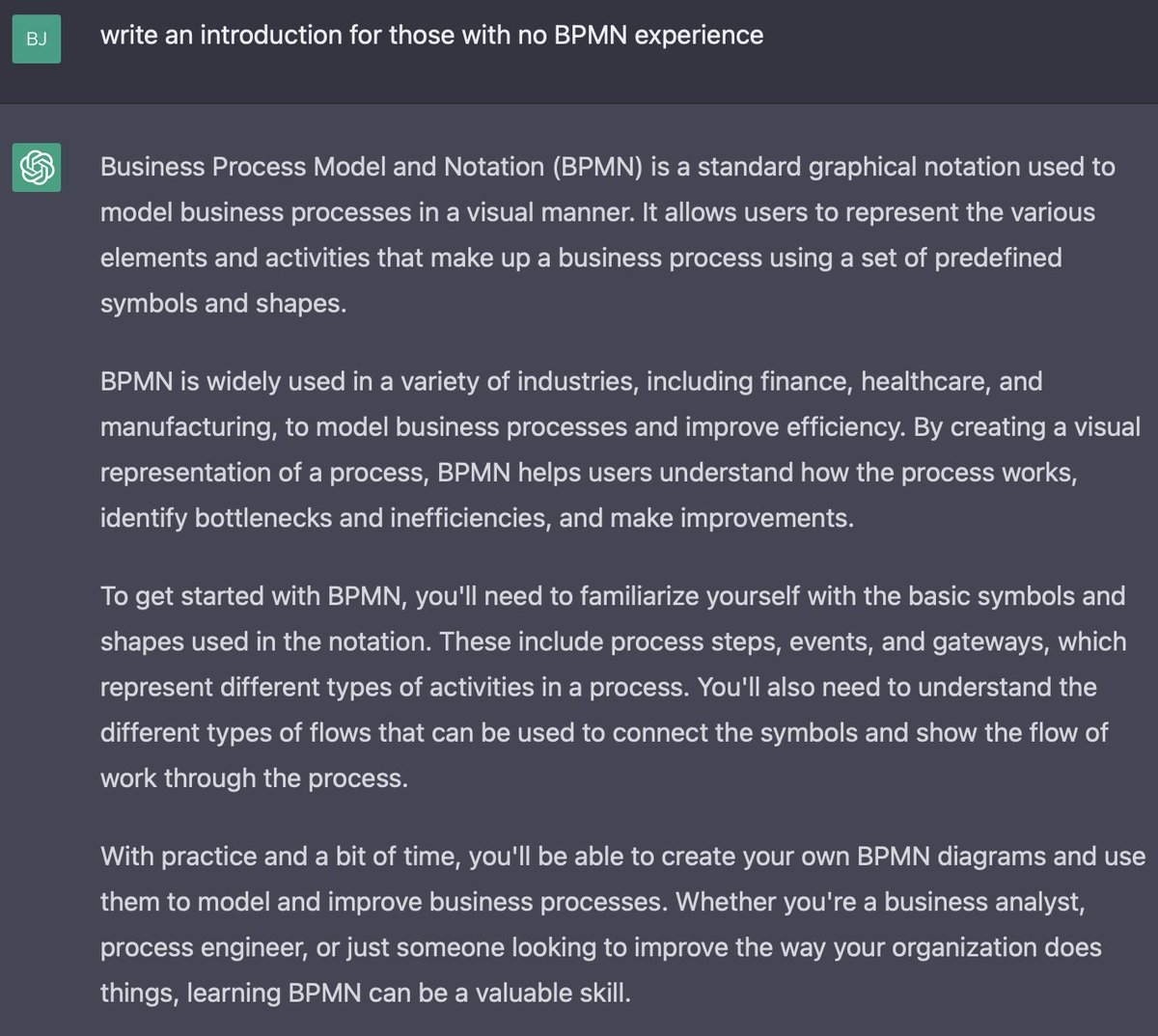 MedicalFlows's tweet photo. @GeoffCardwell @Trisotech @BPMPlusHealth The BPMN Quick Guide is meant as a simple introduction for those without any BPMN experience.
I couldn’t find a PDF version of it but it doesn’t take a long time to read its online version (maybe on a tablet).

Here is a short introduction from #ChatGPT: https://t.co/VR8wzZC3PF