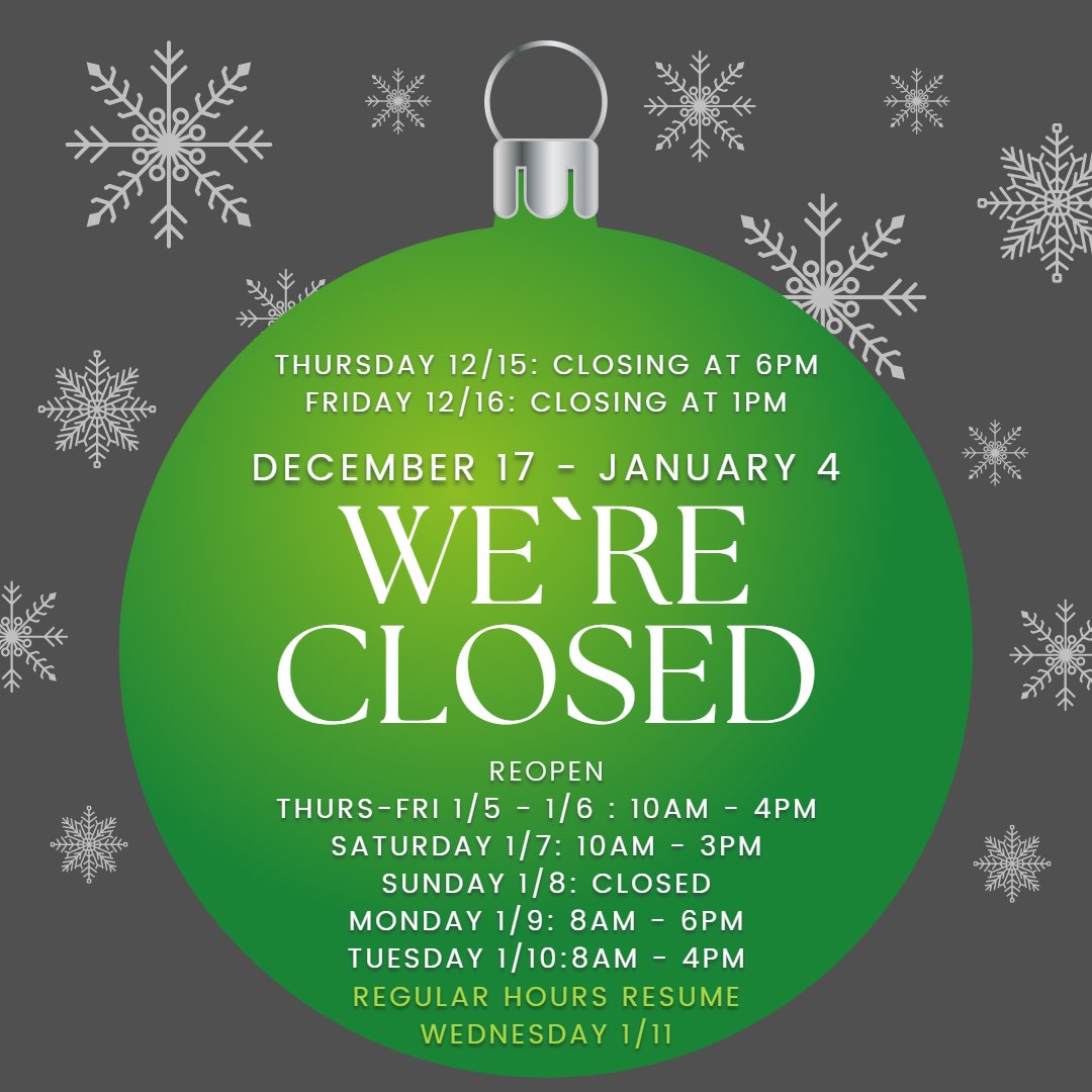 The library closes at 1pm on Friday 12/16, and reopens Thursday, 1/5. Have a merry Christmas and a good break!