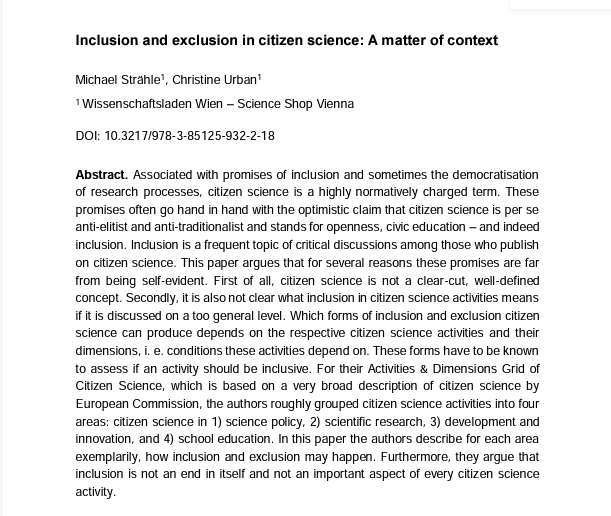 cstrackproject's tweet photo. We are delighted to announce that the paper  "Inclusion and exclusion in citizen science: A matter of context" by our colleagues Michael Strähle, and Christine Urban (@wilawien) has been published!

Read the full article here⤵️
https://t.co/dsamJ6Qeuw

#CitSci #H2020 https://t.co/1o8dTS9jv9