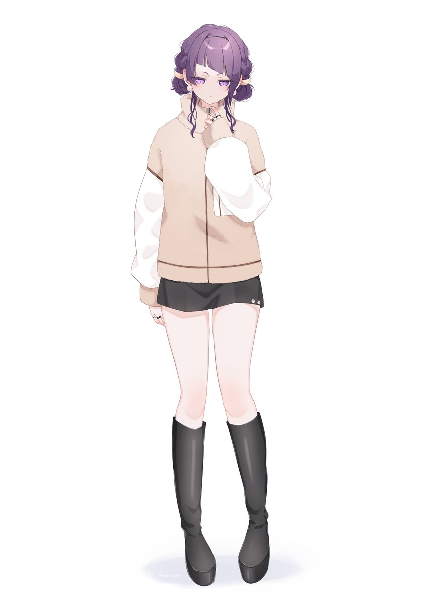 1girl solo purple hair boots purple eyes white background full body  illustration images