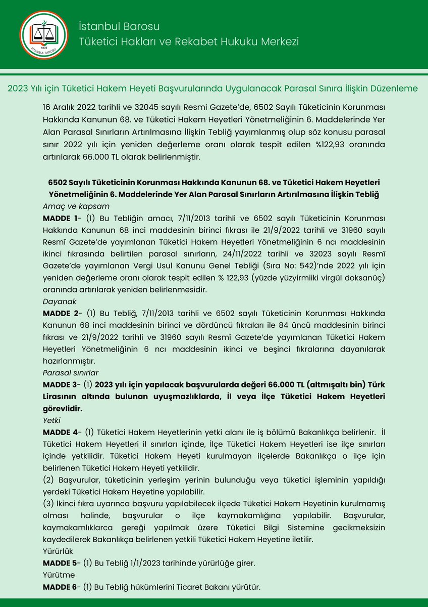 THRHMerkez's tweet photo. 2023 yılı için tüketici hakem heyetine yapılacak başvurularda uygulanacak parasal sınır 66.000 TL olarak belirlenmiştir. https://t.co/YlQTkc9jyi