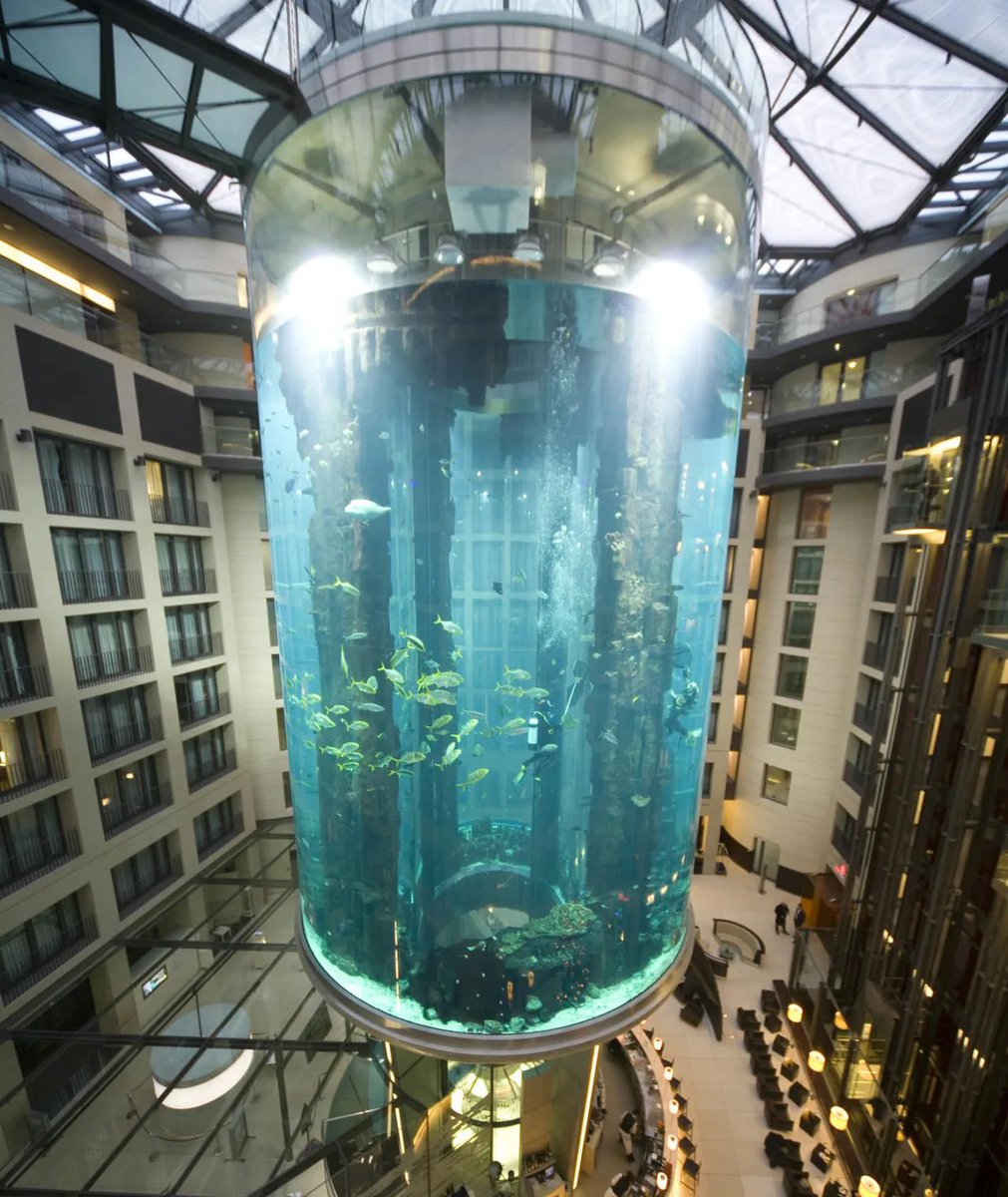 AmichaiStein1's tweet photo. The aquarium at the Radisson Hotel in Berlin exploded.
 The height was 16 meters.
 One million liters of water and 1,500 fish from 50 species were spread throughout the building. https://t.co/j4PlWa2Gn6