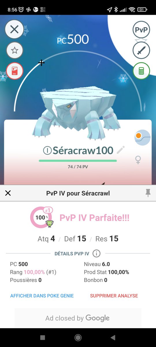 DaPokemonLady's tweet photo. What is this luck today ! Just after my Aron catch, I get this #PvPHundo π― Bergmite, that I leveled up and evolved right away in this magnificent Avalugg π
#PokemonGO #PoGO https://t.co/OQrnp55MfP