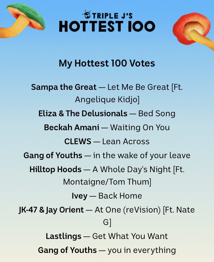 GlennontheGC's tweet photo. My #hottest100 shortlist. Lil’ bit of #gcmusic … lil’ bit of other stuff I loved this year! https://t.co/i2YaZclwQT