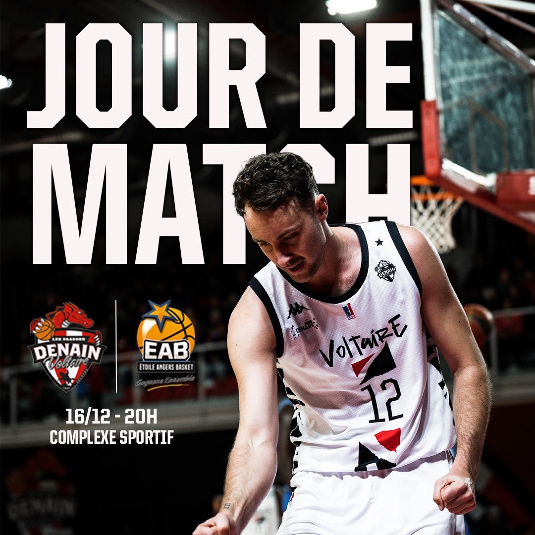 denainvoltaire's tweet photo. 𝗝𝗢𝗨𝗨𝗨𝗨𝗥 𝗗𝗘 𝗠𝗔𝗧𝗖𝗛 💥

Tous ensemble vers la 6e victoire à domicile 🔥

Ce soir Voltaire reçoit Angers, avec la volonté de garder son invincibilité sur son parquet 💪

🆚 @EABasket49 
🕗 20h
🏟️ Complexe Sportif 
🎟️ Billetterie en ligne 

#GoDragons #LNB #ProB https://t.co/yI7AA5U38M