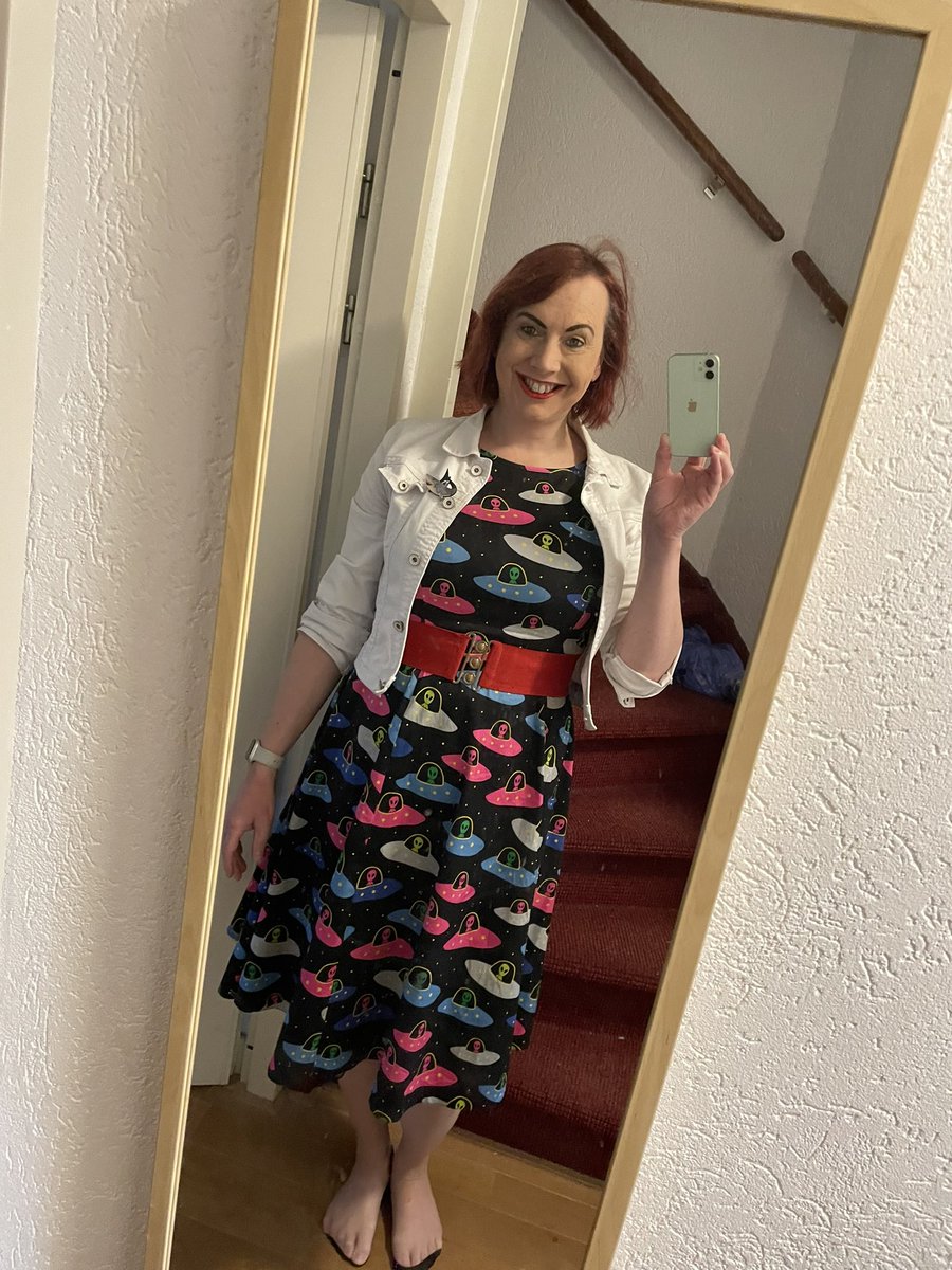 Stacy_Cash's tweet photo. I’m still not 💯 but seeing as I’m hopefully getting my tattoos today I needed to get dressed up (I want to make sure that the tattoos go to the side of the seam in the tights, and not under them!)

Dress: #LadyVintage
Jacket: #Terstal
Belt: @HellBunny 
Brooch: @Erstwilder_ https://t.co/XT78pYN7VG