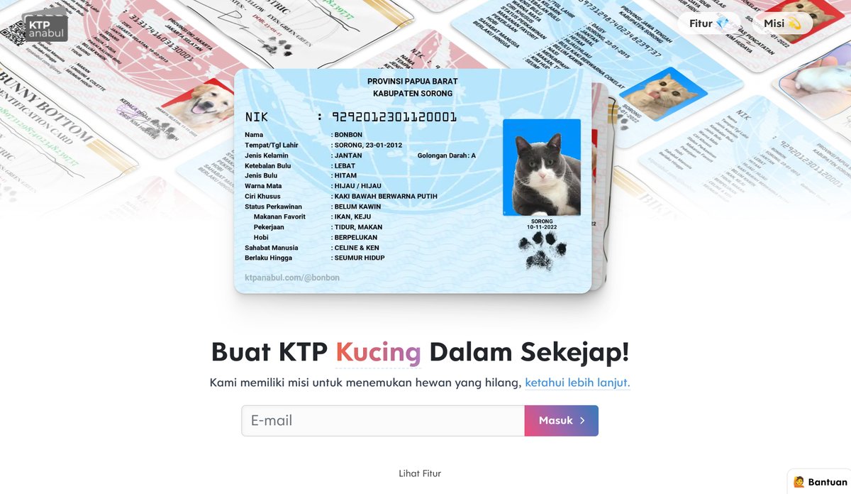 huedaya's tweet image. 🎉 Barangkali kamu melewatkan @KtpAnabul!

Aplikasi yang memungkinkan untuk membuat KTP Kucing dalam sekejap! Saat ini tersedia 3 pilihan tema dan dilengkapi teknologi AI untuk menghapus latar belakang secara otomatis. Yuk dicoba! 🐈✨

→ ktpanabul.com