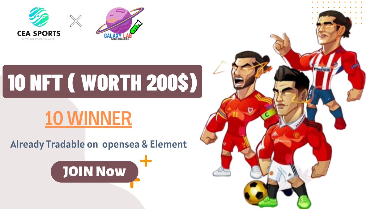 Galaxylabss's tweet photo. 🔥Ceasports x Galaxy Labs Massive #Airdrop

🎟️ #Giveaway:-
🎁 Total Pool 10 NFT &amp; (Usdt Reward Worth 200$) FOR 10 Winner🏆

To Enter:-
1⃣ Follow @CEASportsFC &amp; @Galaxylabss
2⃣ ❤️ &amp; Rt ,Tag 3 friends
3️⃣ Fill #Gleam form:-
https://t.co/rWkVfzUuIO

⏰19 Dec.
#Airdrop #NFTGiveaways https://t.co/DLOuo0Ri24
