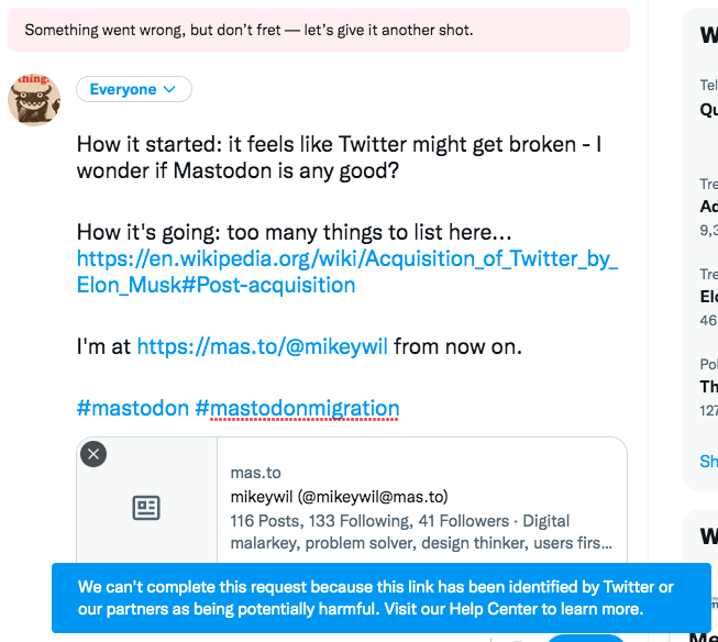 Here's a screenshot of how I tried to phrase that previous tweet, but apparently it was potentially harmful...