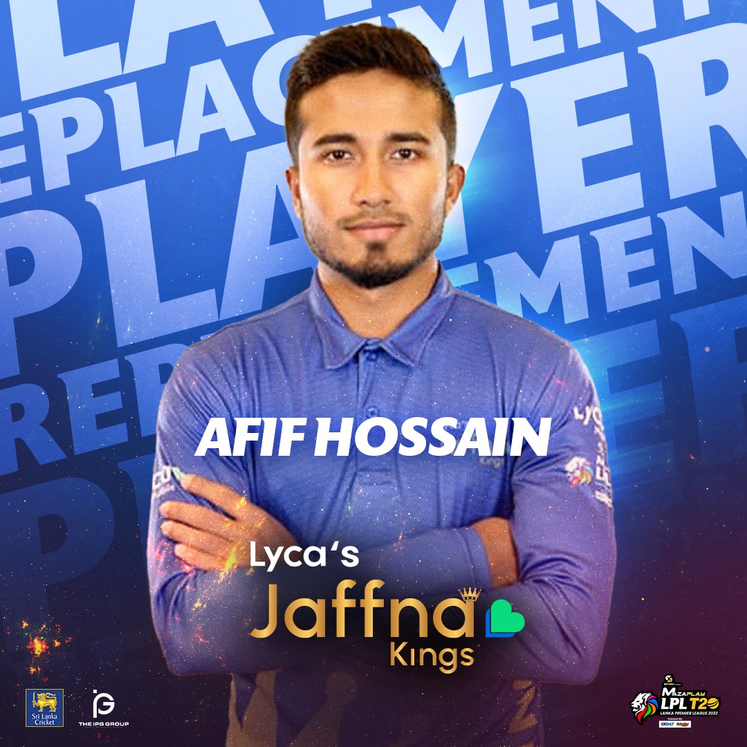 LPLT20's tweet photo. Jaffna Kings | Player Replacement
Bangladesh left-hander Afif Hossain has joined Jaffna Kings as the replacement for Tom Kohler-Cadmore who is not fit for remaining matches of LPL.
-
Get ready Colombo, we'll see you on the 17th!
🎫Buy tickets online on https://t.co/VsoVs5t9lv https://t.co/rvaTGuLkLF