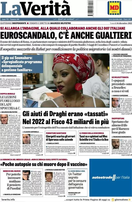 LAURADEPS's tweet photo. #Buongiorno e buon venerdì #16dicembre2022 con la prima pagina de #LaVerità >|<

#QatarGate #PdGate #Gualtieri #Dalema #Cozzolino #UeGate https://t.co/YuPo6WiQnp
