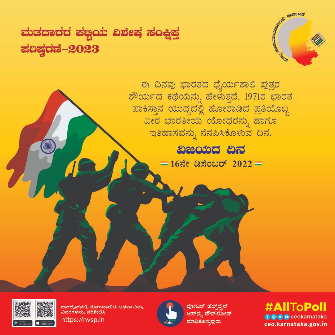 MarketDC2's tweet photo. ವಿಜಯದ ದಿನ 
#VijayDiwas  #ssr2023 #sveep #election #bbmp @ECISVEEP @ceo_karnataka @SpokespersonECI https://t.co/nokYTSCeUY