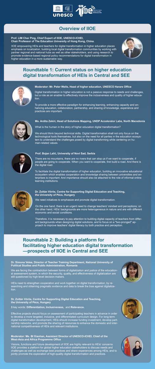 UNESCO_ICHEI's tweet photo. 🎉Happy #IIOE's 3-year anniversary!

❓In terms of #digitaltransformation of #highered in Central and SEE, what are the needs and solutions?

🤝@UNESCO_ICHEI and UNESCO Chair jointly held an IIOE online Webinar to discuss the above issues.

👇See our speakers' insightful views: https://t.co/XgP5f0iuXX