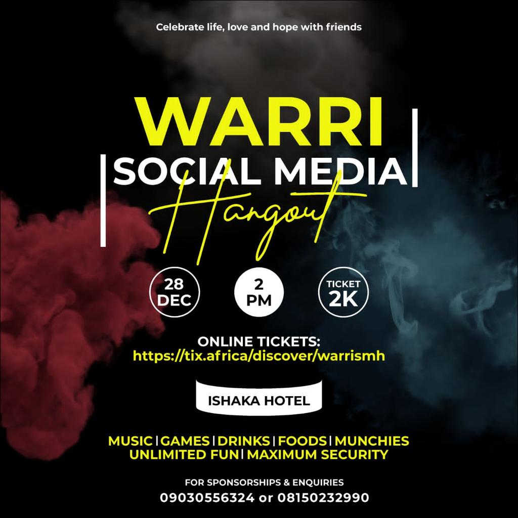WarriUpdate's tweet photo. Warri Aw fa?!
Our #SocialMediaHangout don set! No dulling, get ready to be a part of it. #warritwittercommunity #WarriInstagram #warriTiktok #Warrifacebook https://t.co/BiMVJpp8uv
