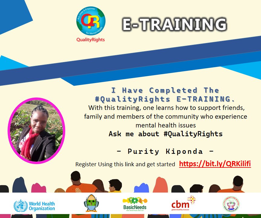 Undertaking the #QualityRights E-training has many benefits. 

One of it is being able to learn how to support friends and family with mental health issues. 

Register and complete the training today!

#QualityRightsKilifi