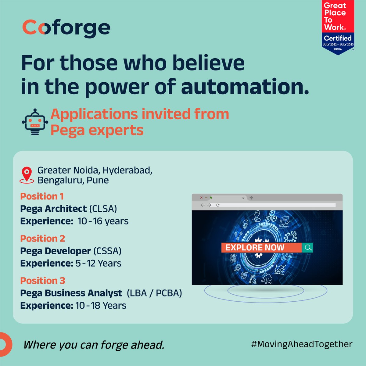 Coforge_Tech's tweet photo. If automation and efficiency are what you are passionate about, then we are looking for you. Join team Coforge today. Let’s forge ahead together. 
https://t.co/thla3Fgi60
https://t.co/pUIc1yWWeP
https://t.co/GFJovZTdUt

#EngageWithTheEmerging #MovingAheadTogether #Pegajobs https://t.co/BtXACN8WDU
