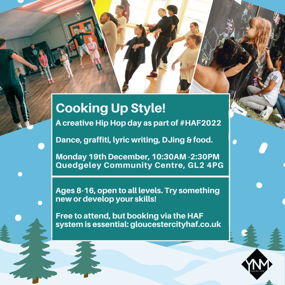 YourNextMoveYNM's tweet photo. Cooking Up Style! Hip Hop Activity Day as part of @gloscityhaf
Dance, graffiti, lyric writing, DJing &amp; food.
🗓 Mon 19 Dec, 10:30am-2:30pm 📍 Quedgeley Community Centre Ages 8-16. Learn something new or develop your skills! Free but booking essential: https://t.co/su2lU6nNvd https://t.co/14rGWcFjur