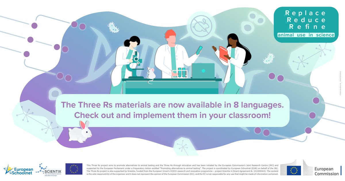 scientix_eu's tweet image. 🆕 The #ThreeRs materials are now available in 🇨🇿 🇳🇱 🇫🇷 🇩🇪 🇮🇹 🇵🇱 🇷🇴 🇪🇸
📝 Check them out and implement them in your classroom!
🔗 bit.ly/ThreeRs-Transl…
#ECVAM #NonAnimalScience @EU_ScienceHub