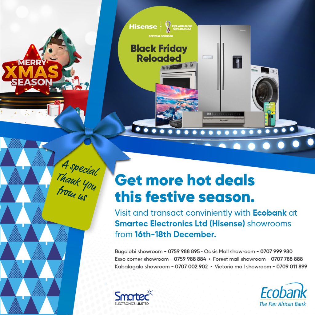 EcobankUganda's tweet photo. It’s the Biggest End of Year Sale!! 
Starting today (16th Dec), visit any @HisenseUg showrooms and transact conveniently using Ecobank to get more juicy and hot deals this Christmas season.

#EcoMyEgo
#Christmas 
#UgWeGo https://t.co/bYtbgozxcd