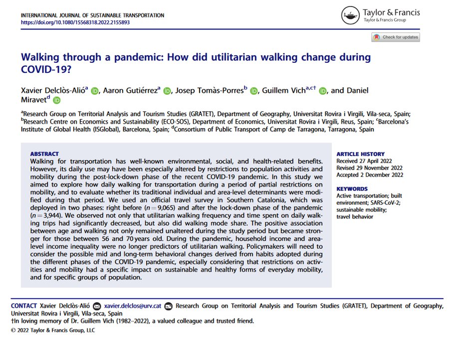 xavidelclos's tweet photo. 📢📄Our new study entitled "Walking through a pandemic: How did utilitarian walking change during COVID-19?" is now published in the International Journal of Sustainable Transportation. 50 free online copies here: https://t.co/OMinXmxoFX. https://t.co/NXjzNg2IxH