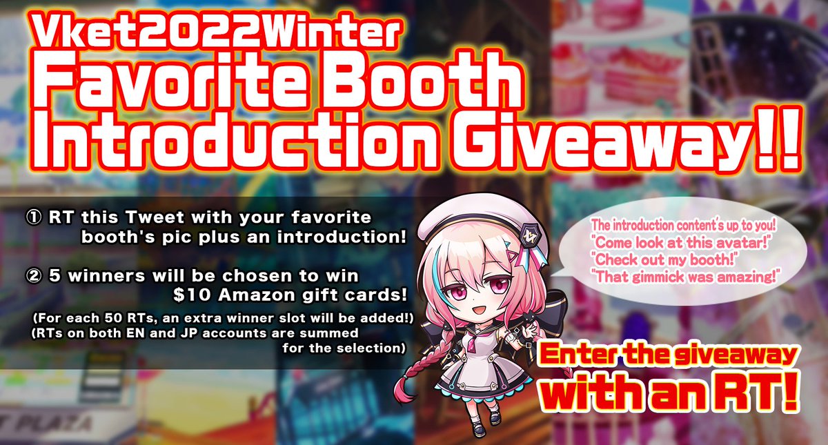 enVket's tweet photo. Remember to show off your favorite booth in a Retweet! 
5 members will be winning a 10 Amazon Dollar gift card!
-
Vket Event ends the 17th EST so you still have time to visit but act fast!
#VRChat 
#Vket2022Winter 
#Vket https://t.co/3rsMG70Au6