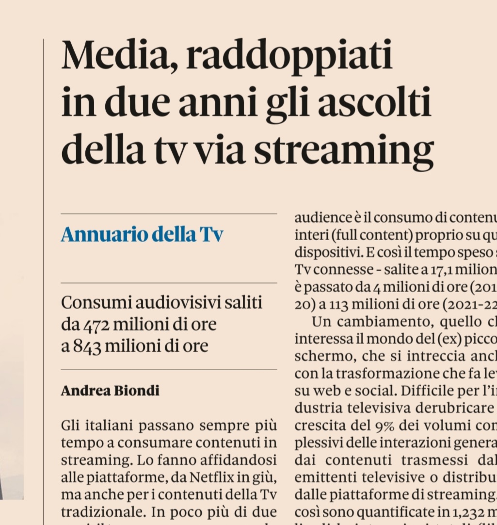 Anche per la #TV tradizionale il consumo in streaming è realtà. E in crescita. Cambiamento nei consumi, ma anche nell'offerta? I risultati nell'Annuario della Tv di #CeRTA che sarà presentato oggi. Sul <a href="/sole24ore/">IlSole24ORE</a> in #edicola #rassegnastampa #media <a href="/MaScaglioni/">Massimo Scaglioni</a>