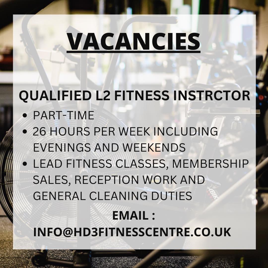𝗪𝗘 𝗔𝗥𝗘 𝗛𝗜𝗥𝗜𝗡𝗚!

We are looking for a fully qualified L2 Fitness Instructor to join our team! 

If you want to work for a local friendly gym, teach some of our popular classes and be a part of a great team, send your CV to info@hd3fitnesscentre.co.uk