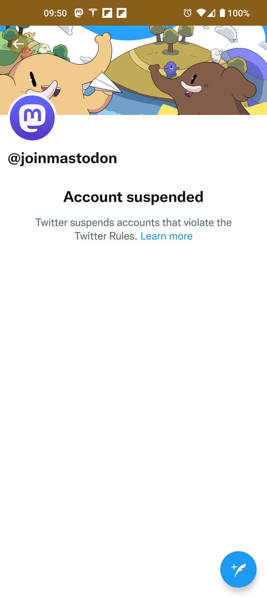 ⚠️⚠️⚠️ <a href="/joinmastodon/">Mastodon (@Mastodon@mastodon.social)</a> has been suspended by @Twitter !