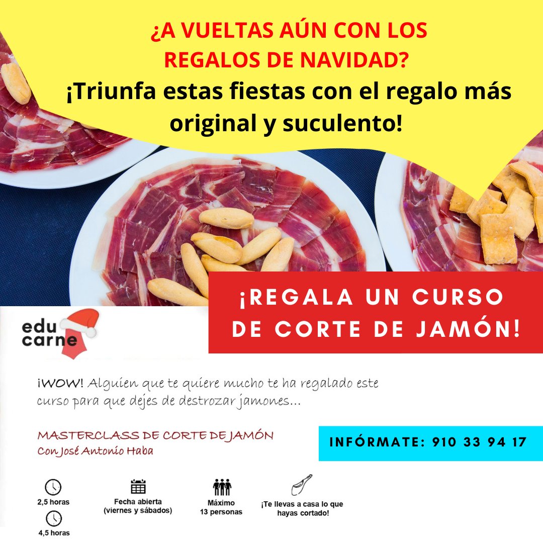 EducarneOficial's tweet photo. 📢Si quieres sorprender a todos esta Navidad... ¡Regala un curso de corte de jamón! 🎁👏

🔴Con fecha abierta 
🔴¡Te llevas a casa el jamón que cortes!
🔴Dos modalidades: 2,4 horas o 4,5 horas. 

👉Infórmate ya llamando al 910 33 94 17 https://t.co/ZJThgPh5Bf